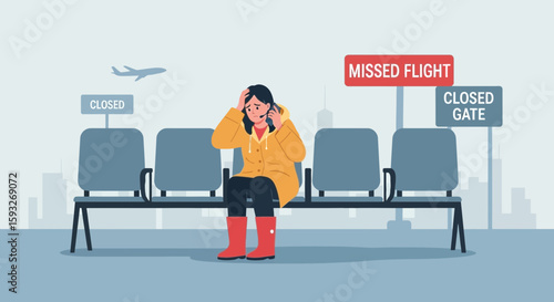Woman In Despair Over Missed Flight At Airport Terminal Waiting Area