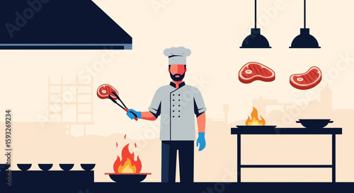 Professional Chef Preparing Delicious Steaks In Restaurant Kitchen Interior Design