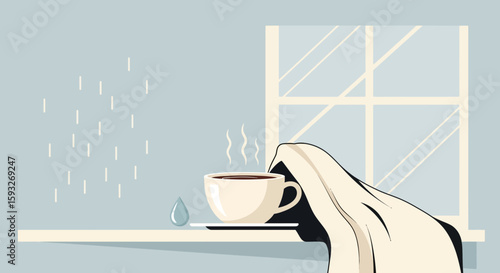 Morning Still Life With Coffee Cup Near Window In A Rainy Mood Illustration