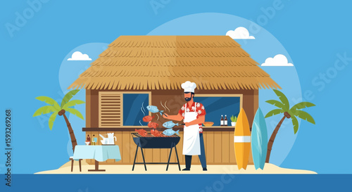 Tropical Beach Barbecue With Chef And Surfboards Under A Thatched Roof Hut
