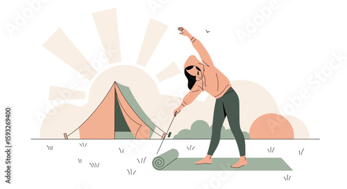 Morning Stretch At Campsite Woman Enjoying Nature And Camping Relaxation