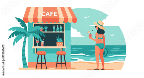 Tropical Beach Cafe With Woman Enjoying Cocktail In Summer Holiday Vacation