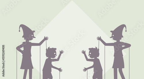 Shadows Of Puppet Masters Controlling Figures In A Theatrical Presentation