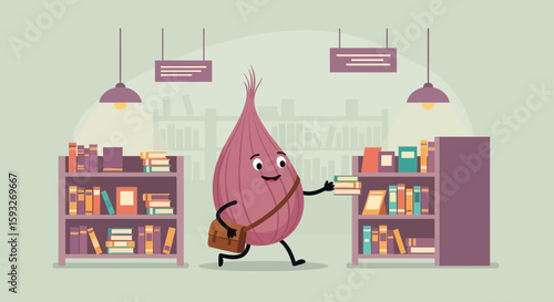 Shallot Character Enjoying A Visit To The Library In A Whimsical Style