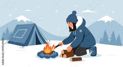 Woman Lighting Campfire In Snowy Landscape For Winter Camping Adventure
