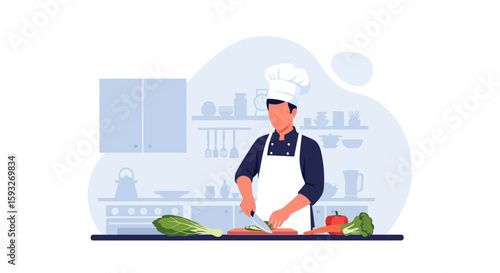 Professional Chef Preparing Healthy Vegetarian Meal In Modern Kitchen Setting
