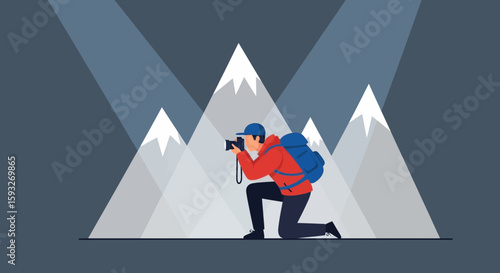 Mountain Adventure Capturing Moment With Camera And Backpack Under Spotlight