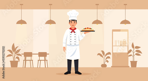 Professional Chef Serving Delicious Food In A Restaurant Setting, Minimalist Style
