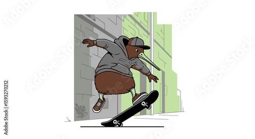 Skateboarding Kiwi Bird Performing Trick On City Street Illustration Style Art