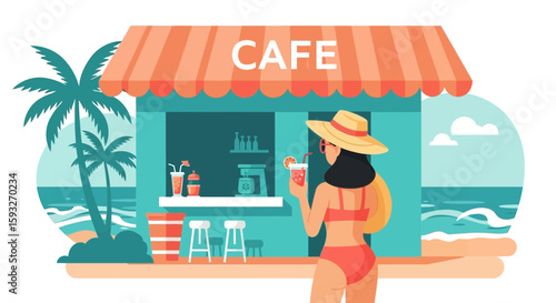 Tropical Escape Enjoying Refreshments At Beachside Cafe For Summer Holiday Vacation