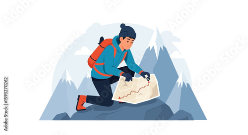 Mountain Explorer Reading Map For Navigation Planning Hiking Adventure On Snowy Peaks
