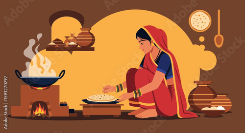 Woman Making Roti Over Traditional Stove In Traditional Indian Kitchen
