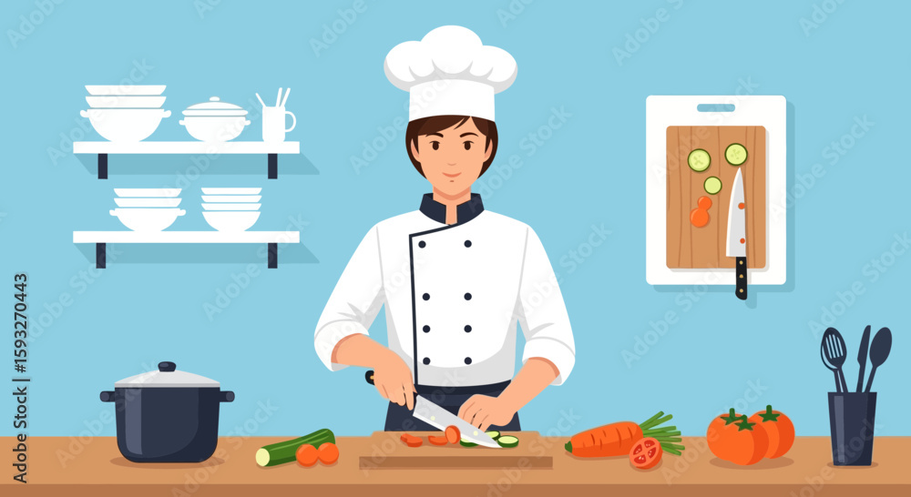 Professional Chef Slicing Fresh Vegetables On Wooden Cutting Board In A Kitchen Professional Chef Slicing Fresh Vegetables On Wooden Cutting Board In A Kitchen