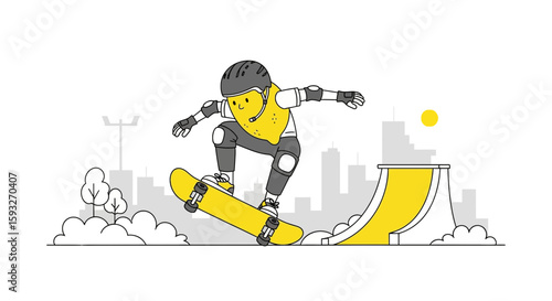 Skateboarding Lemon Character Performing Trick On A Ramp In City Park