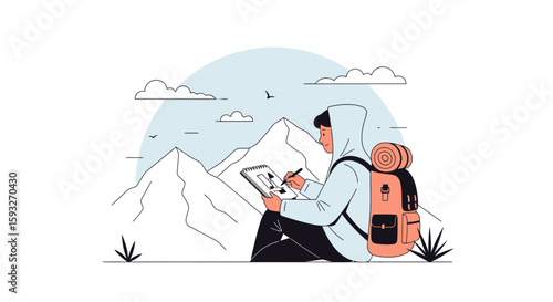 Mountain Explorer Sketching Outdoor Scenery Adventure Trekking Artistic Journey