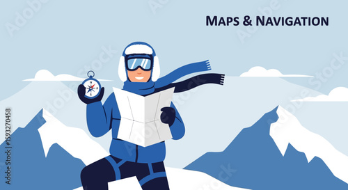Mountaineer Reading Map And Holding Compass On Snowy Mountain Adventure