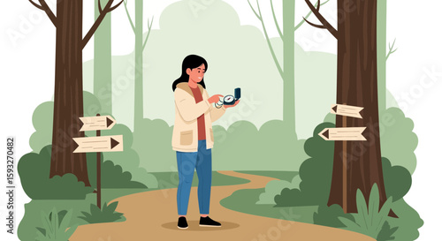 Woman Navigating Forest Trails With A Compass In Scenic Outdoor Adventure