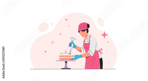 Professional Confectioner Decorating Cake With Cream In Kitchen Studio Illustration