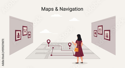 Woman Navigating In Gallery Using An Interactive Map And Paintings Concept