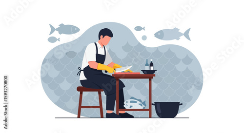 Professional Fishmonger Preparing Fresh Catch for Sale At Local Seafood Market