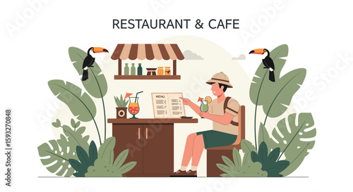 Tropical Getaway At Cafe Featuring Toucans And Lush Foliage For Relaxing Vacation