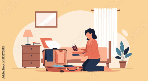 Woman Packing Suitcase Preparing For Journey In Bedroom For Adobe Stock
