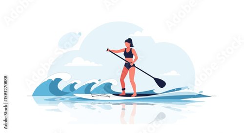 Woman Paddleboarding On Serene Waters In A Sporty Summer Setting