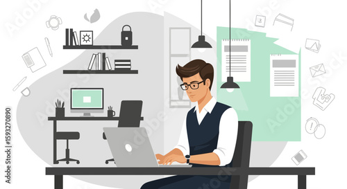 Professional Man Working Diligently On His Laptop In A Stylishly Designed Home Office