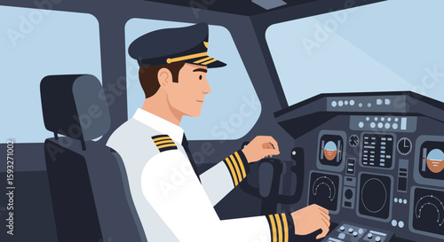 Professional Pilot In The Cockpit Flying Commercial Airplane With Full Control