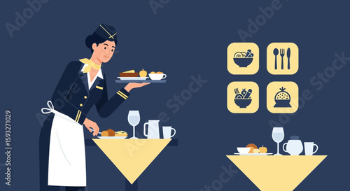 Professional Stewardess Serving Food And Drinks On Airplane In First Class Flight