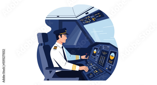 Professional Pilot Operating Aircraft Inside Cockpit Panel Vector Illustration