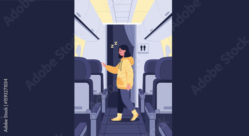 Sleepy Traveler On An Airplane Aisle Late At Night During A Flight