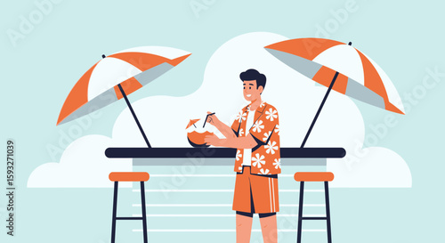 Tropical Getaway Man Enjoying Refreshment At Beach Bar Under Umbrella