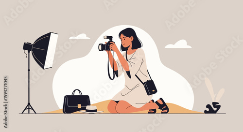 Woman Photographer Capturing The Moment In A Studio With Professional Equipment