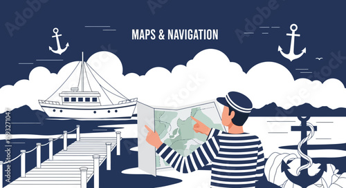 Nautical Adventure Sailor Navigating With Map On Voyage And Maritime Exploration
