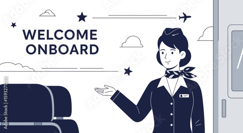 Smiling Air Hostess Welcoming Passengers Onboard Airplane, Aviation Industry