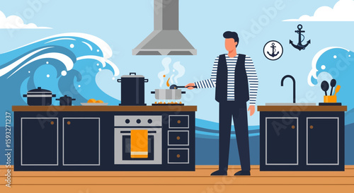 Nautical Kitchen Design Man Cooking Beside Ocean Waves Culinary Preparation Theme