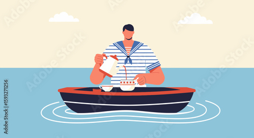 Nautical Morning Serenity Man Pouring Tea At Sea In Small Boat