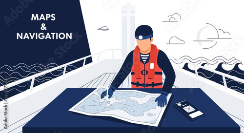 Nautical Professional Planning Voyage With Chart on Deck During Sunny Day