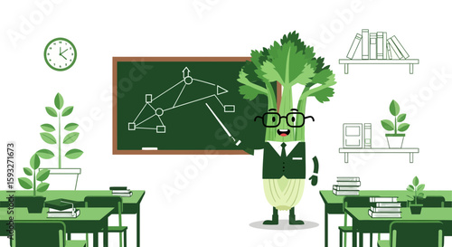 Professor Celery Explaining Network Theory In Classroom Illustration Vector Design