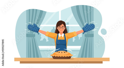 Proud Homemaker Presenting Her Delicious Pie in Kitchen Interior Scene