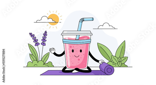 Smiling Smoothie Doing Yoga With Yoga Mat And Lavender In Summer Morning
