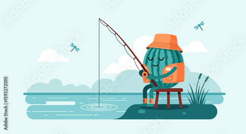 Smiling Watermelon Character Enjoying a Relaxing Day of Fishing by the Lake