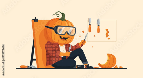 Pumpkin Headed Carver Skillfully Crafts Halloween Decor With Safety Goggles On