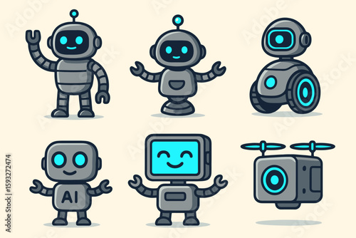 Friendly robot icons: helper, waving, cube drone, screen face. Cartoon vector for kids tech apps and fun interfaces.