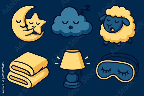 Dreamy sleep icons: moon, sheep, lamp, eye mask, cloud, blanket. Cute cartoon vector for bedtime apps and sleep tools.