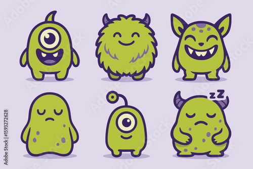 Cute monster icon set: shy blob, one-eye, tiny alien, fluffy horn. Cartoon vector for kid games and fun design.