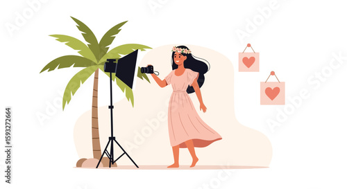 Tropical Photoshoot Female Photographer With Professional Equipment And Beach Aesthetic