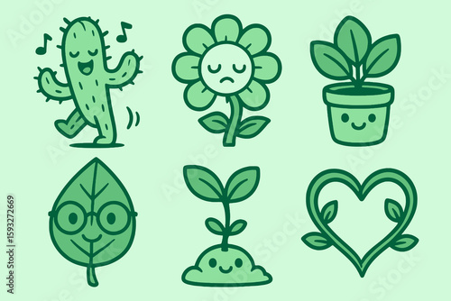 Whimsical plant icons: cactus, flower, sprout, leafy face, potted plant. Cartoon vector for gardening apps and eco-friendly design.
