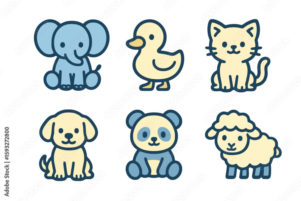 Fototapeta premium Baby animal icons: kitten, duckling, lamb, puppy, panda, elephant. Soft-colored cartoon vector for kids books and designs.